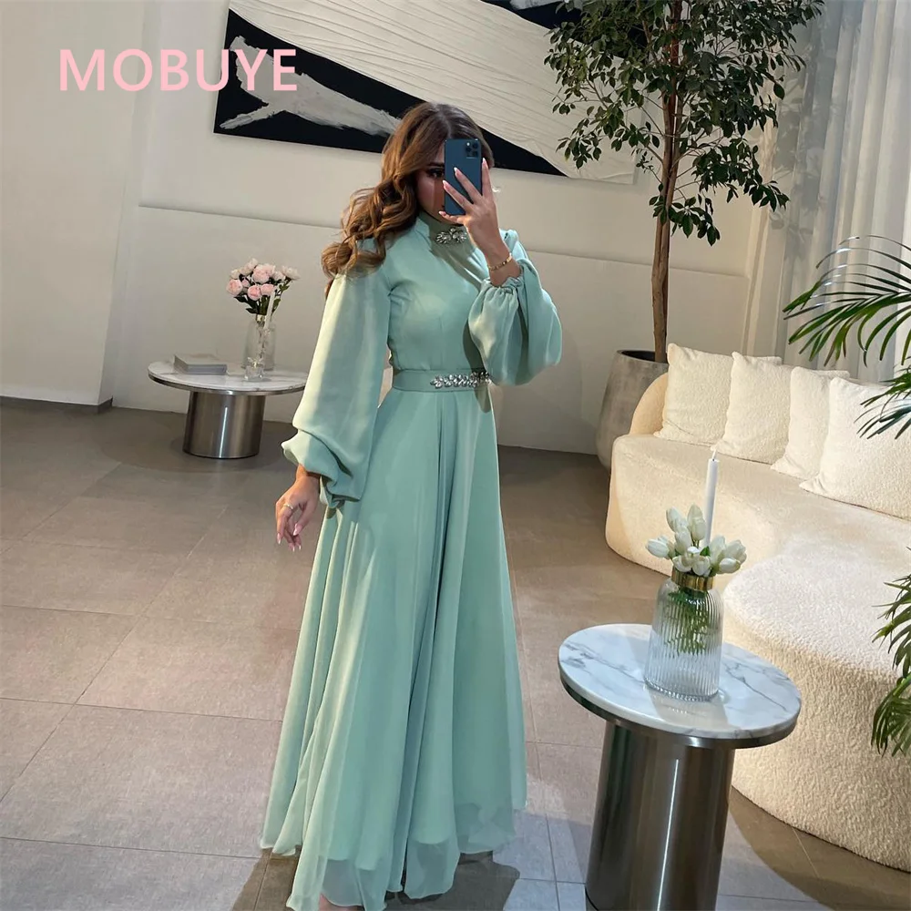 

MOBUYE 2024 Arab Dubai A-Line O Neckline Prom Dress Full Sleeves Evening Fashion Elegant Party Dress For Women