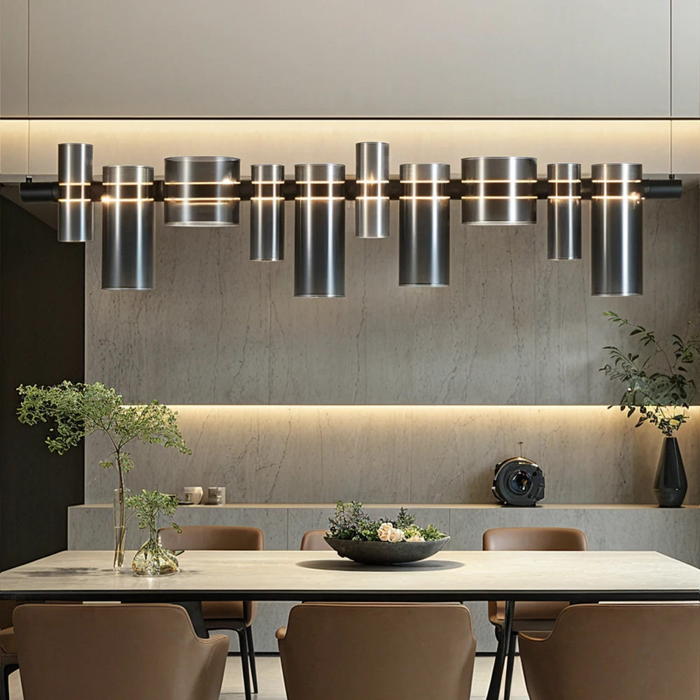 

Modern Black Glass Pendant Lights for Dining Room Table Bar Minimalist Linear Hanging Pendant Chandelier LED Restaurant Nordic