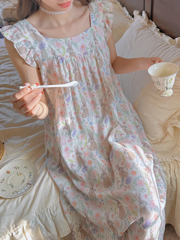 

Korean Sle Sweet Floral Print Svel Long Dr Nightgown Women's Summer Lightweight Pure Cotton Home Clothes