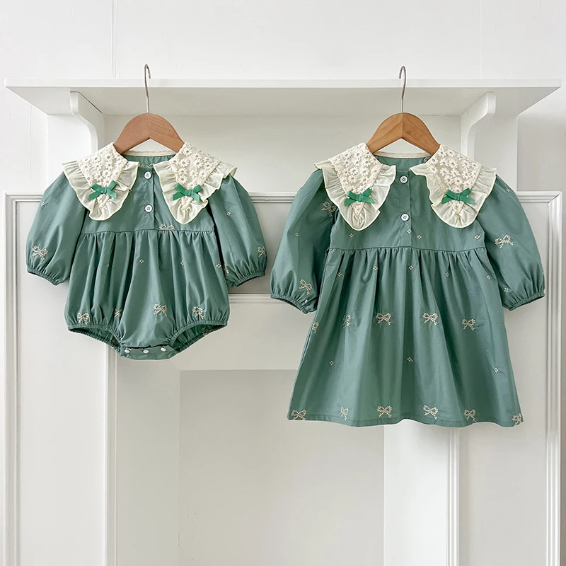 2026 New Spring Baby Girl Dress 0-24M Long Sleeved Embroidery Baby Romper 2-6Y Party Kid Princess Cotton Dress Sister Clothes