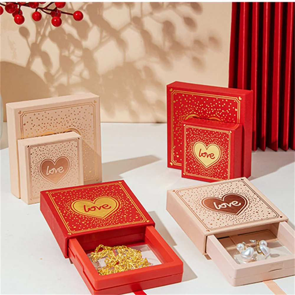 Love Print Drawer Jewelry Box Ring Earrings Necklace Display Organizer Valentine'S Day Wedding Gift Packaging Bags With Handle