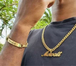 Golden Stainless Steel Bracelet And Necklace Set Free Engraving Laser Names Date Customized Nameplate Father's Day Jewelry Gift