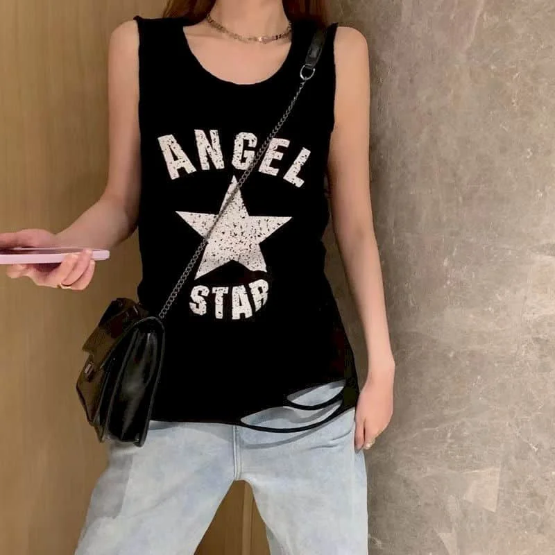 Gilet donna top 100% cotone stile coreano Hole Star Vintage Casual t-shirt senza maniche Slim serbatoi larghi abbigliamento donna capispalla