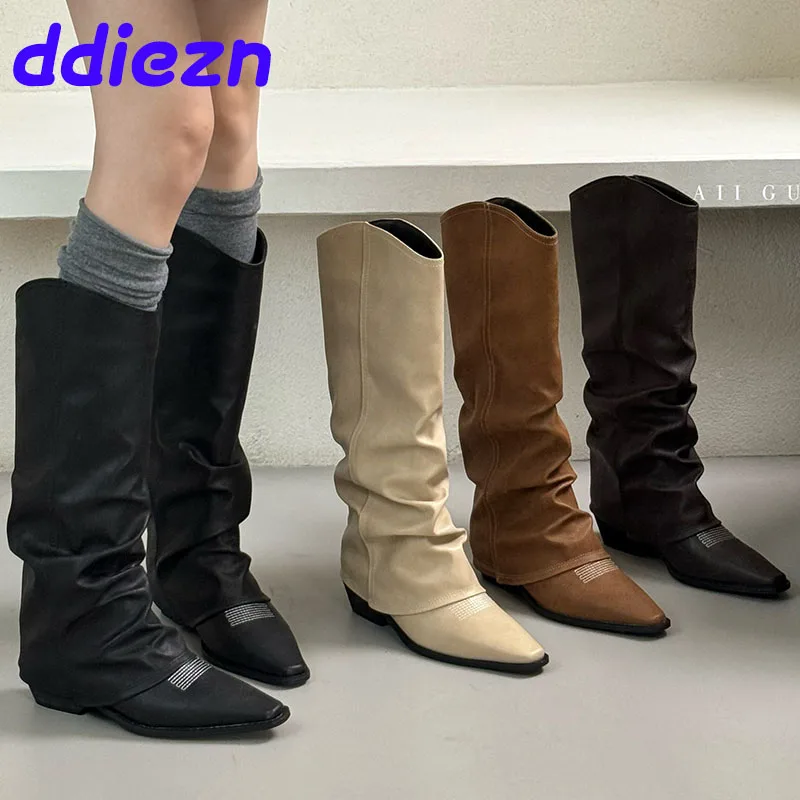 

Footwear Square Heels Shoes Slip On Ladies Western Long Booties Female Fashion Pointed Toe Chelsea Women Knee High Boots Shoes