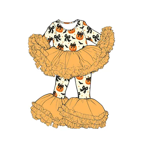 Boutique Children's Set Halloween Pumpkin Bow Bat Print Long-Sleeved Tulle Long Pants Tulle Girl Set