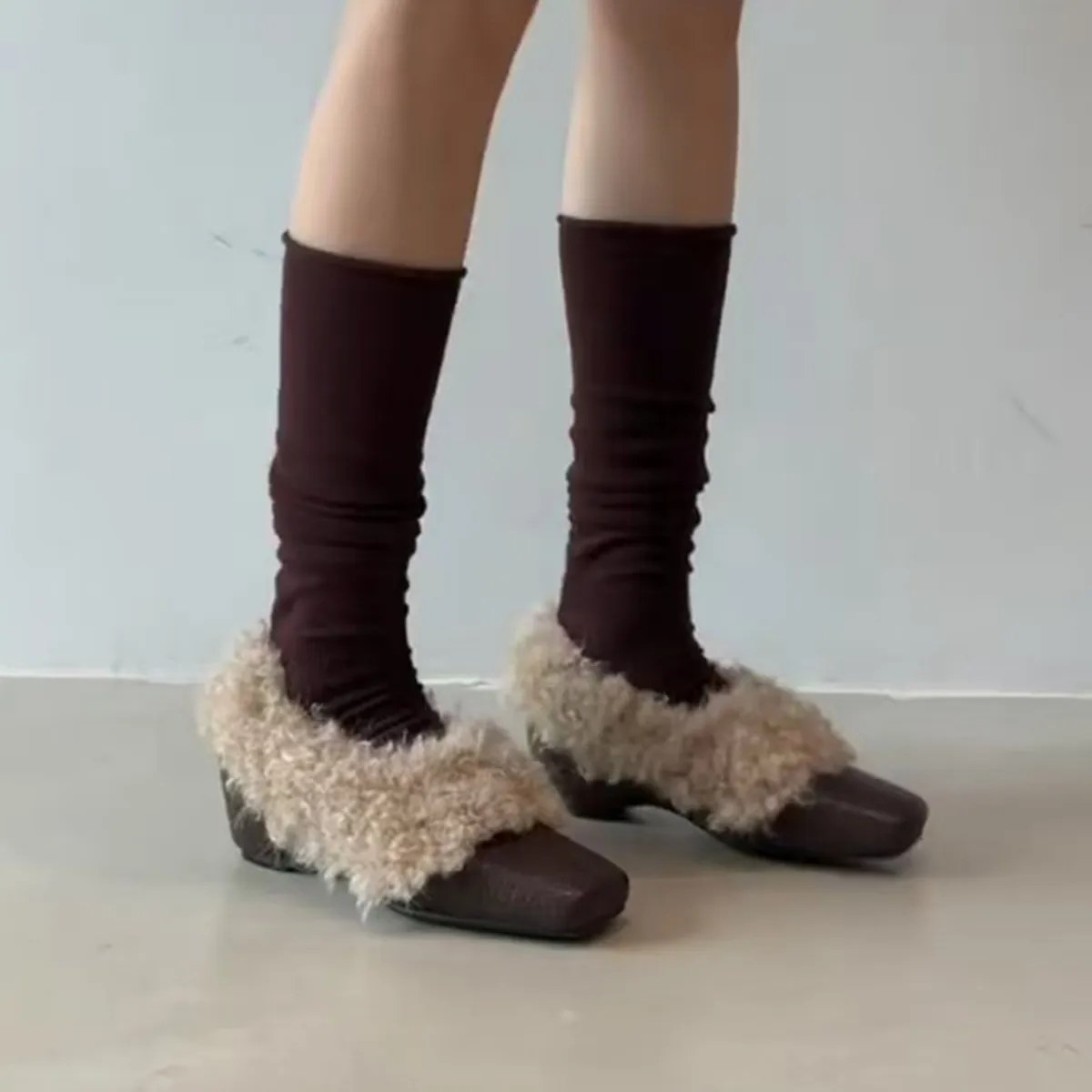Fashion Furry Lambwool Mary Jane Shoes Women Elegant Square Toe Slip on Heeled Shoes 2025 Autumn Winter Warm Pu Leather Loafers