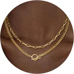 Gold Layered Necklace for Women K Gold Plated Necklace Women Cuban Link Paperclip Chain Toggle Clasp Necklace Jewelry for Women