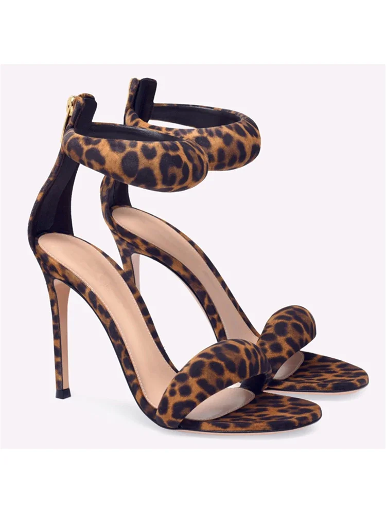 Sexy leopard print high heels for women, slim heels for summer, new leather hollow toe open toe straight strap sandals for women