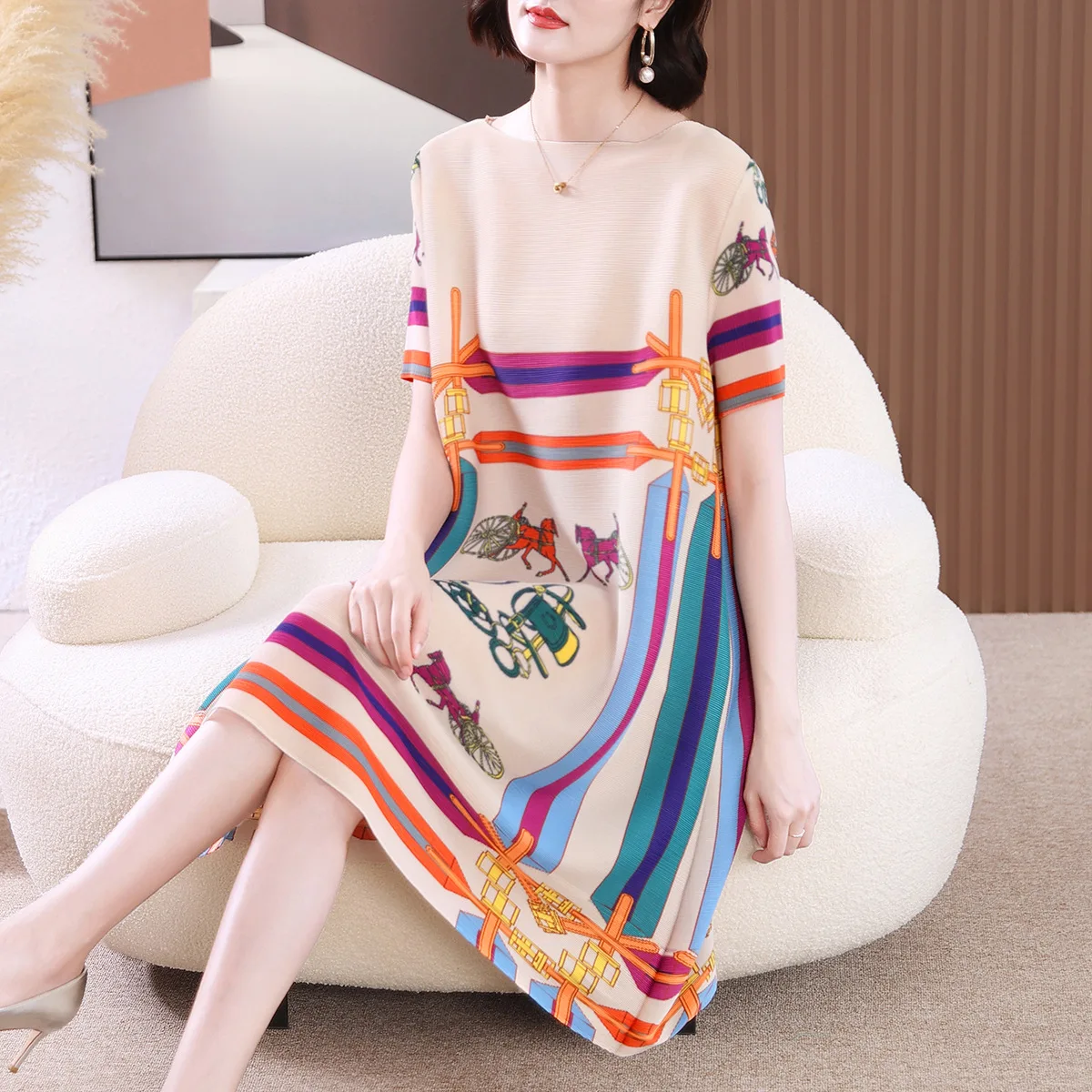 Miyake Women Print Pleated A Line O Neck Dress Long Versatile Loose Casual Spring Summer 2023 New Full Sleeve Fashion Chic Dress