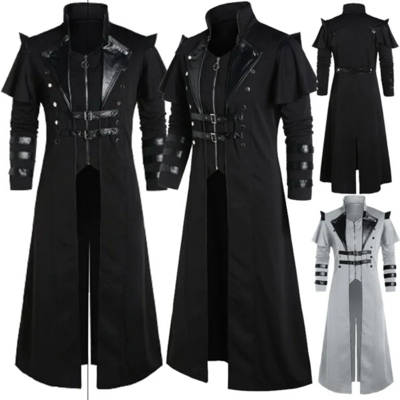 Vintage Halloween Medieval Steampunk Assassin Elves Pirate Costume Adult Men Black Long Split Jacket Gothic Armor Leather Coats