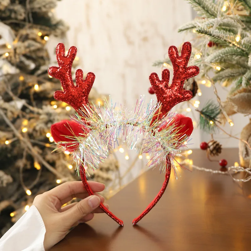 Merry Christmas Headband Glitter Anlter Hairband Headwear Xmas Party Kids Hair Accessories Navidad New Year Decor 2024