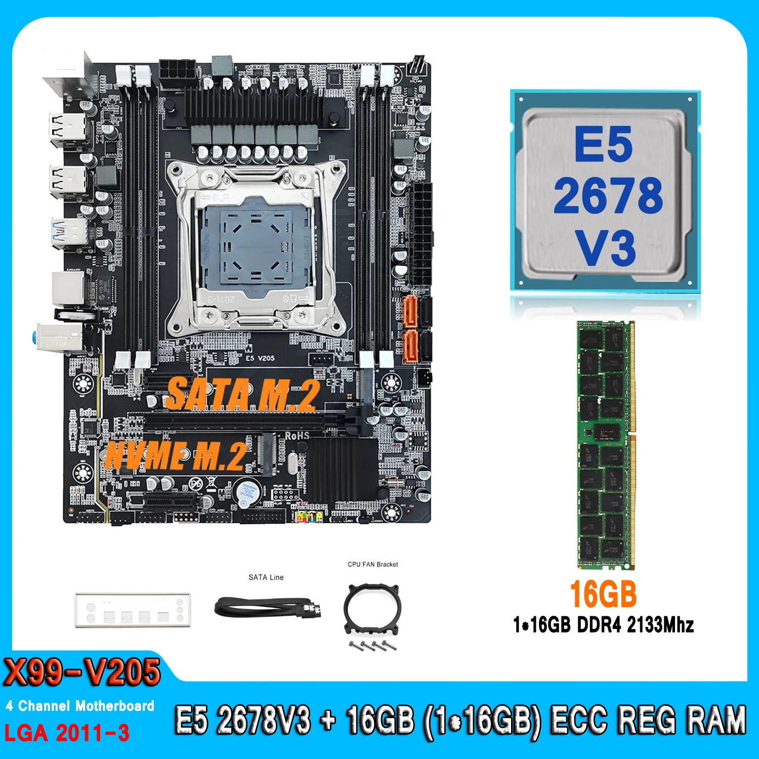 LGA 2011-3 XEON X99 Motherboard with Intel E5 2678 V3 with 16GB (1*16G) DDR4 Memory Combo Kit M.2 NVME E5 2678V3 Motherboard Set