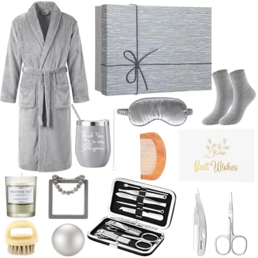 15 Piezas de Regalos de Cumpleaños para Hombres, Set de Cuidado de Barba para Él, Ideas de Cestas de Regalo para Papá, Kit para Hombres, Vaso, Bata de Baño para el Día del Padre
