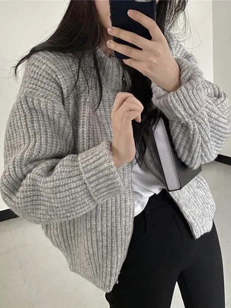 ay Zipper Casual Versatile Korean Hong Sle Knitted Cardigan Long Sve Stand Collar Women's Sweater Commute Sle Autumn...