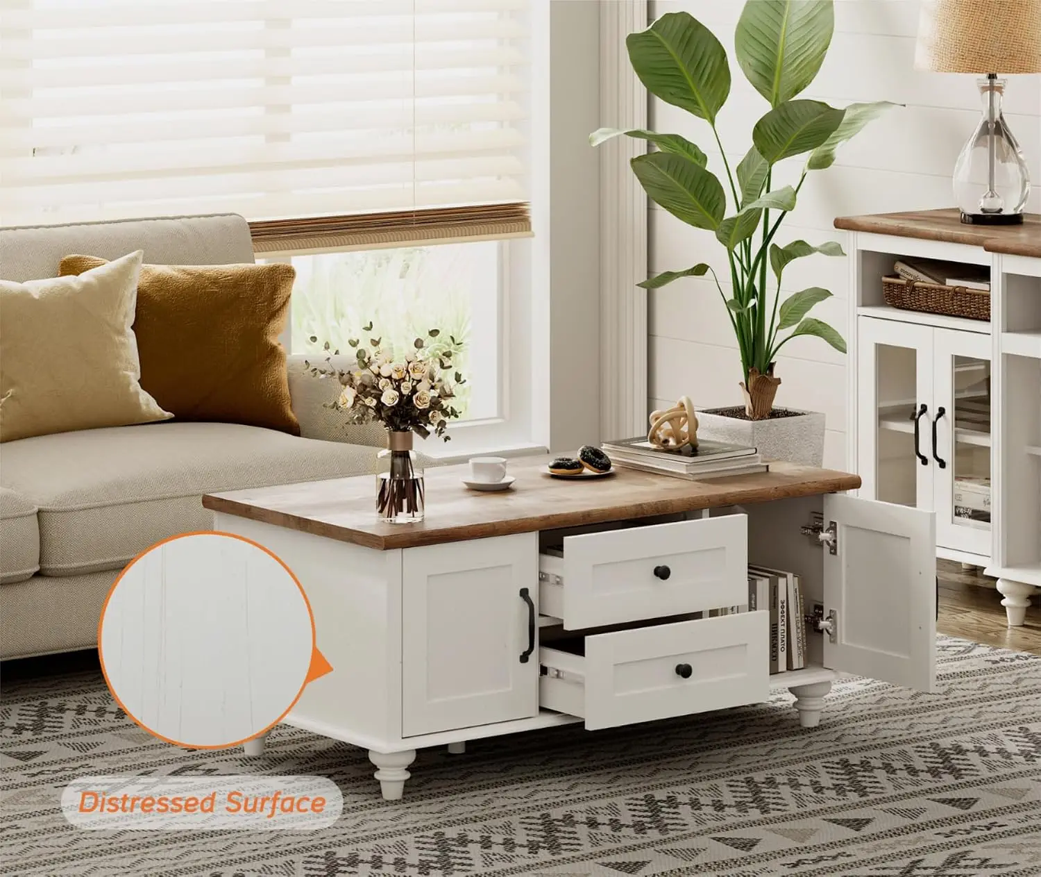 3-Piece Living Room Table Set with Charging Station & Storage Cabinet, Off White, Customized