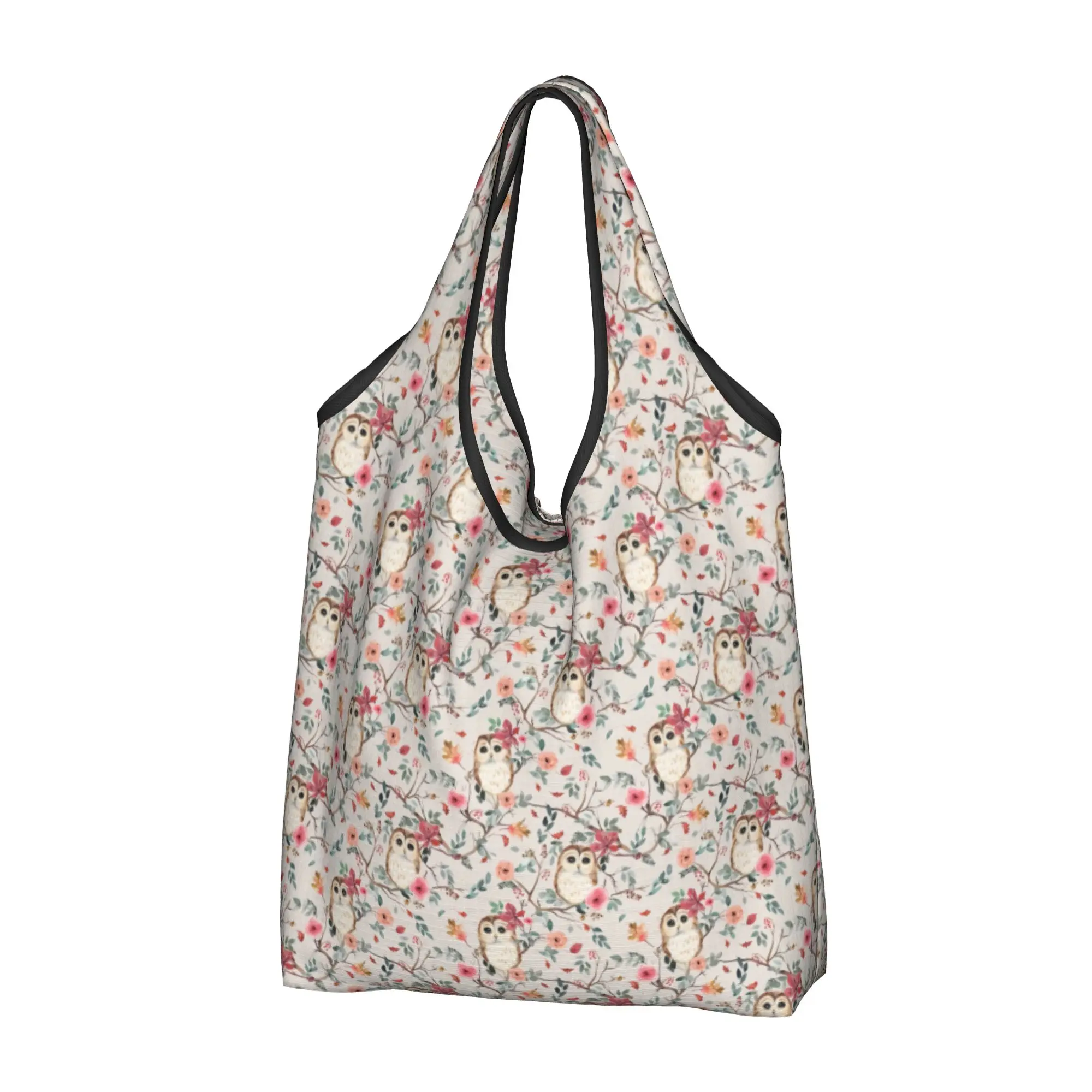 Funny Printing Owl Tree Watercolor Green Red Rustic Beige Shopping Tote Bag Portable Shoulder Shopper  Handbag