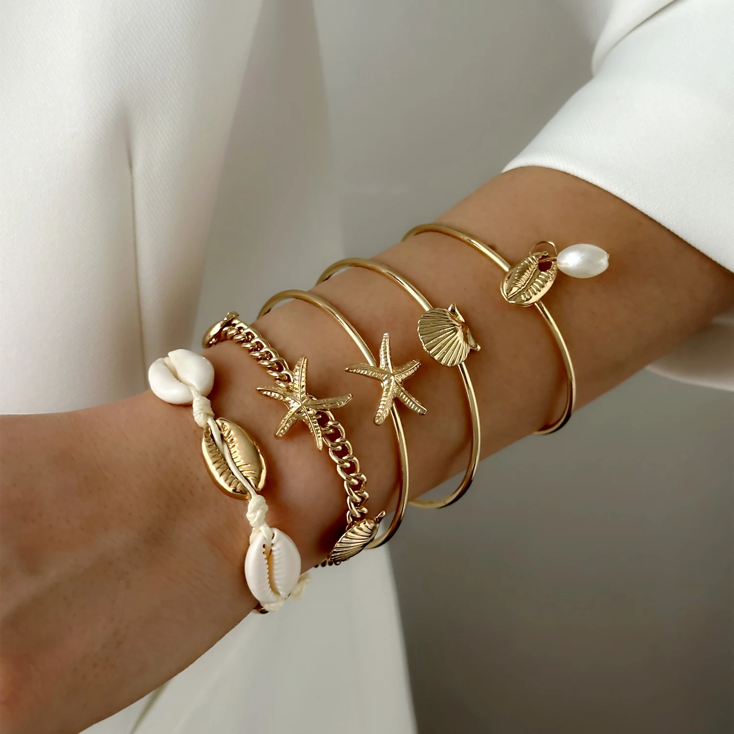 5PCS Bohemian Handmade Shell Armbänder Set für Frauen Luxus Seestern Shell Anhänger Armband Sommer Strand Schmuck Zubehör