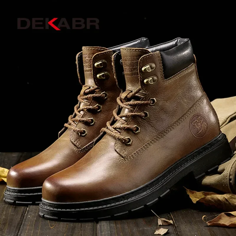 DEKABR Autumn Winter Classic Genuine Leather Ankle Boots Men Shoes With Fur Warm Tactical Boots Male Casual Motorcycle Boots