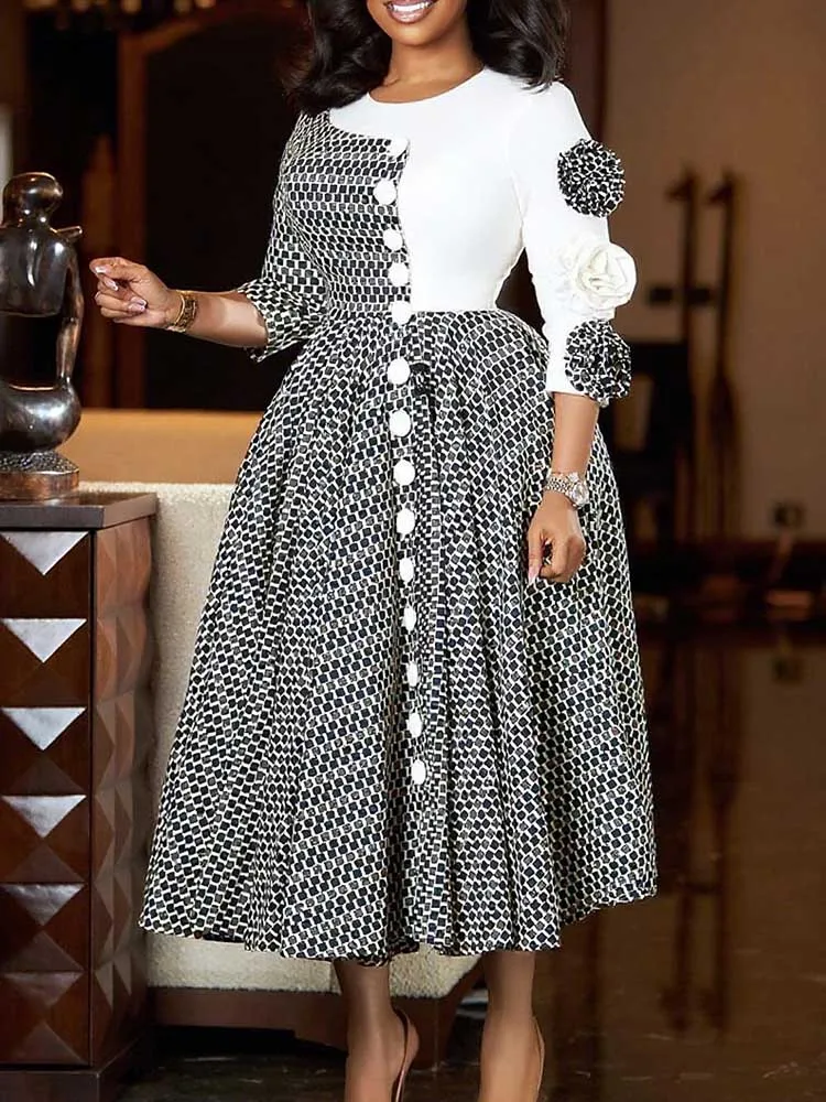 round dresses for ladies Elegant Party Women Neck Casual Dresses with Sleeves Appliques High Waist Curvy Formal Dresses African Jiji