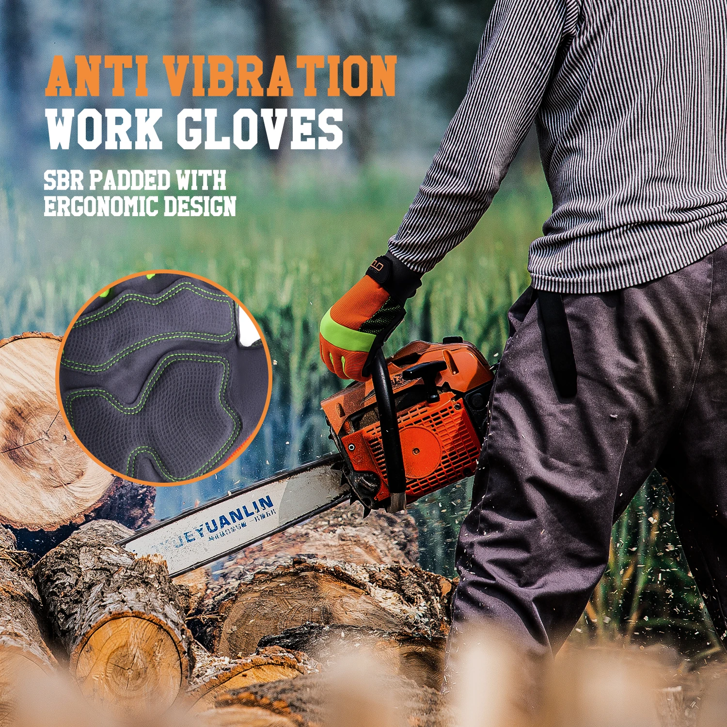 HANDLANDY Hi-vis Reflective Work Gloves, Anti Vibration Safety Gloves, Touch Screen, Orange Flexible Spandex Back