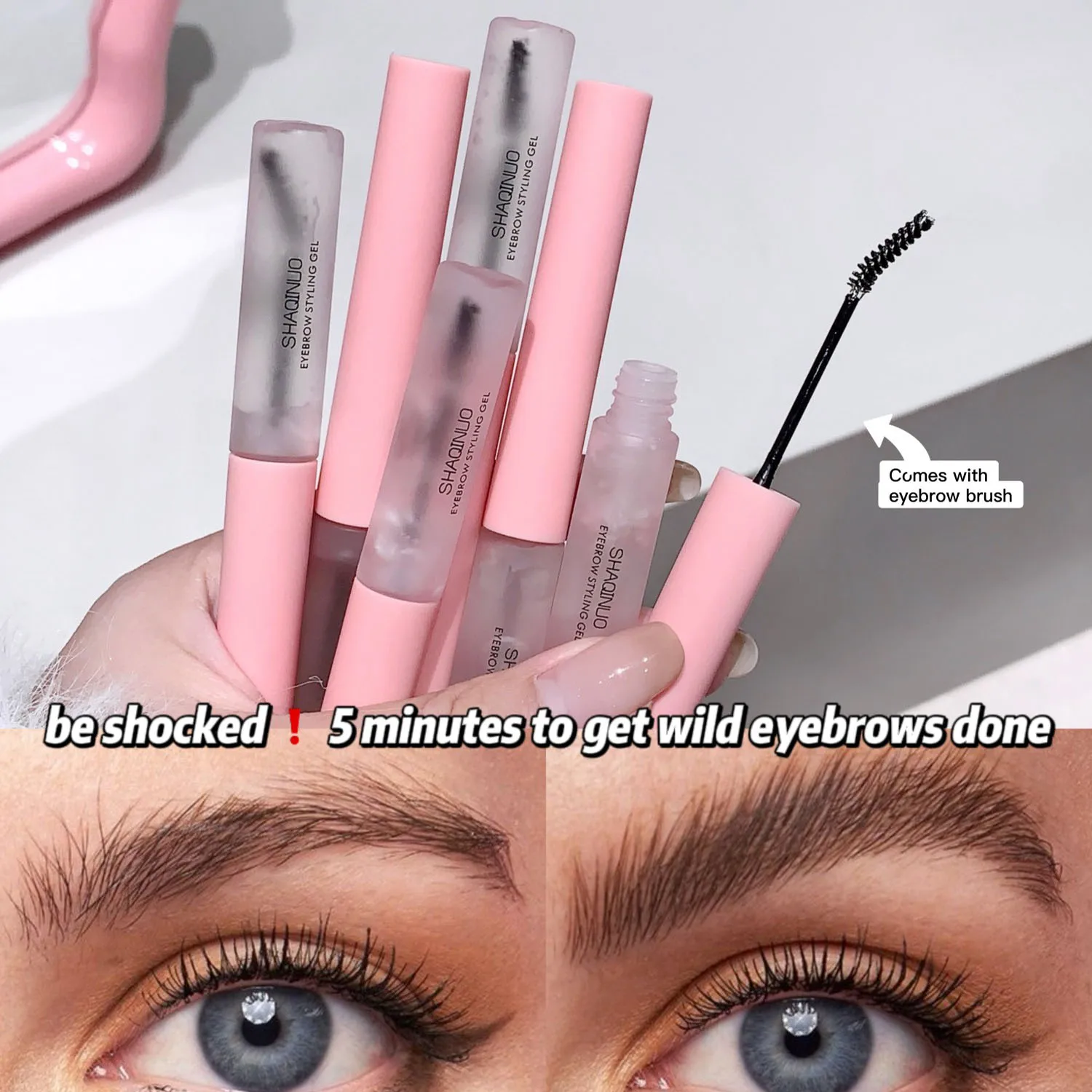 SHAQINUO 3D Eyebrow Gel with Fine Tip Brush creates distinct and defined wild brows with a clear gel formula.