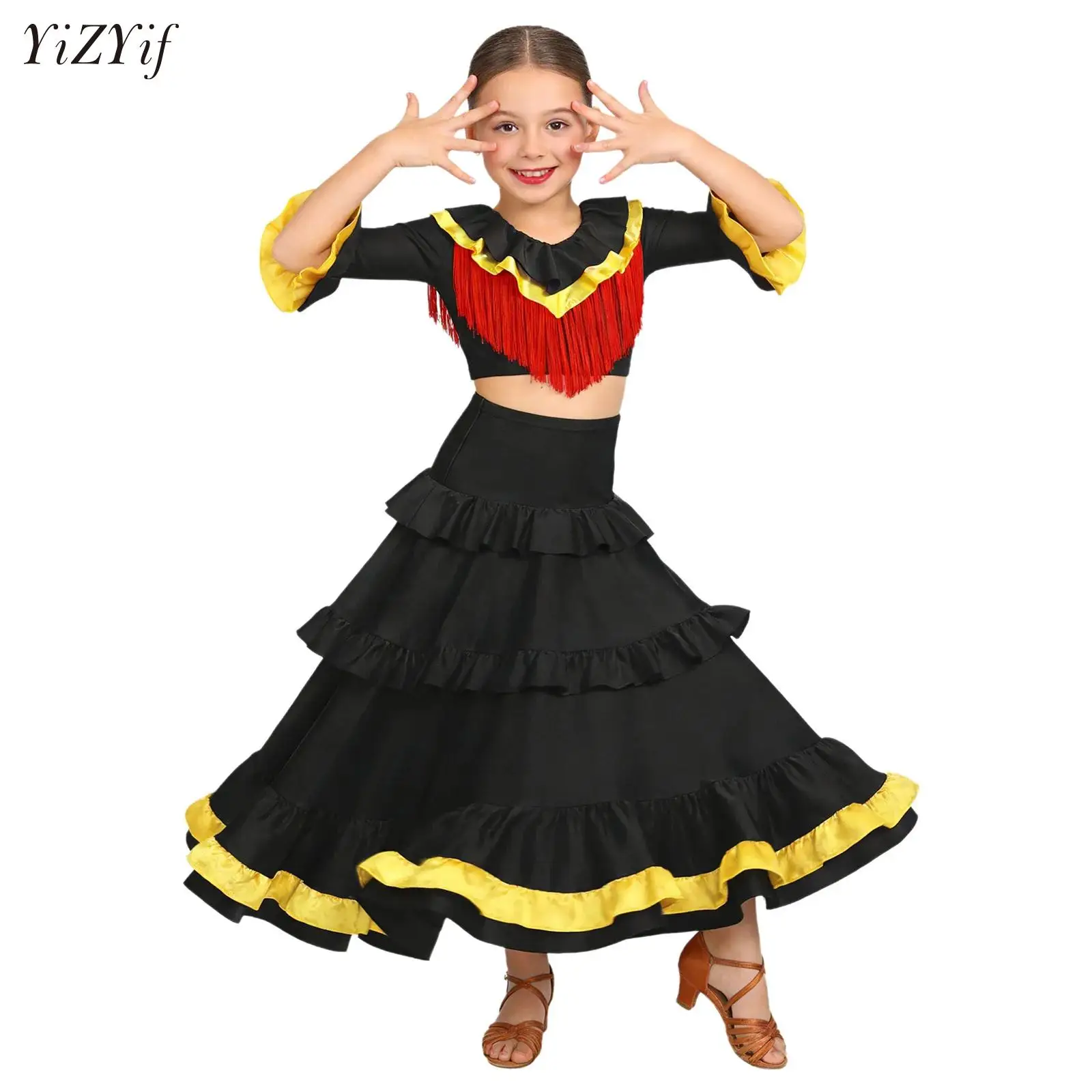 

Kids Girls Gypsy Spanish Flamenco Dance Outfit Crop Top+Big Swing Skirts Carnival Party Ballroom Belly Festival Stage Costumes