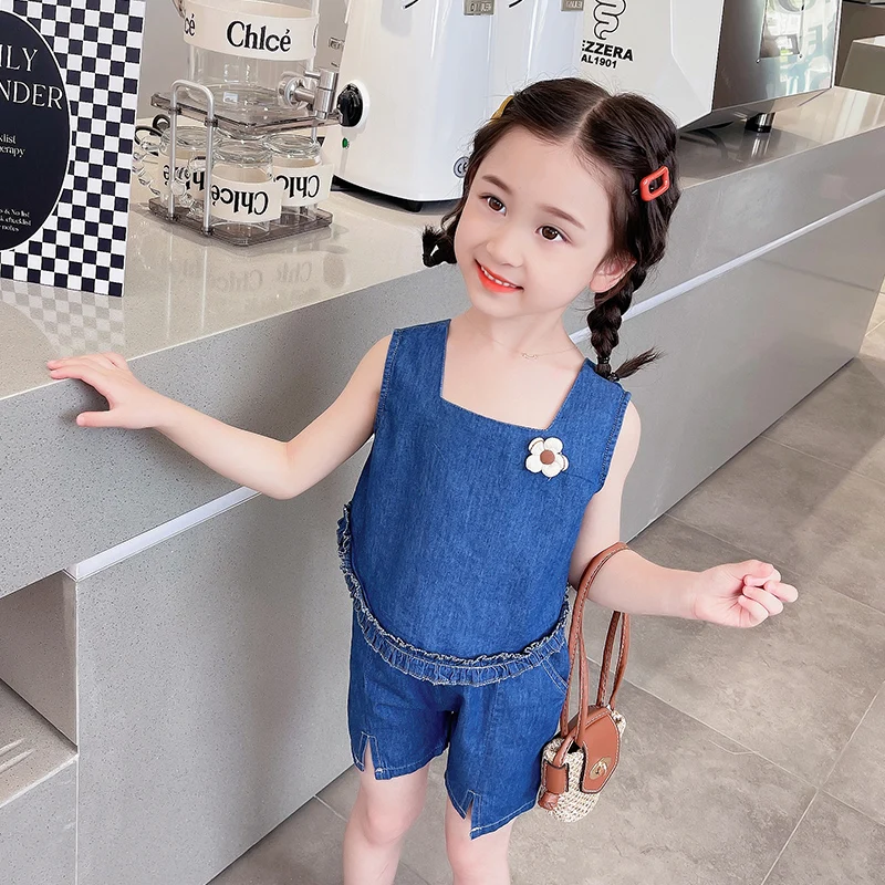 

Children Summer Clothing Sets Baby Girls Floral Lace Vest Shorts 2 Pcs Denim Suit Kids Clothes Infant Outfits Princess Costumes