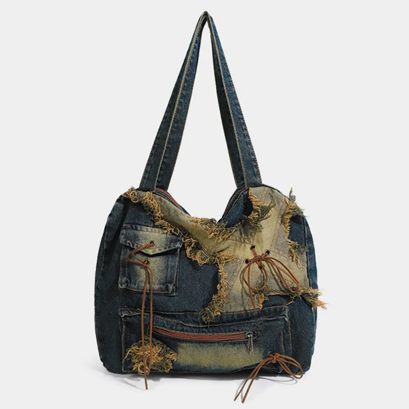 New Style Large Capacity Tote Bag Vintage Shoulder Bag Washed Denim Bag Daily Casual Bags