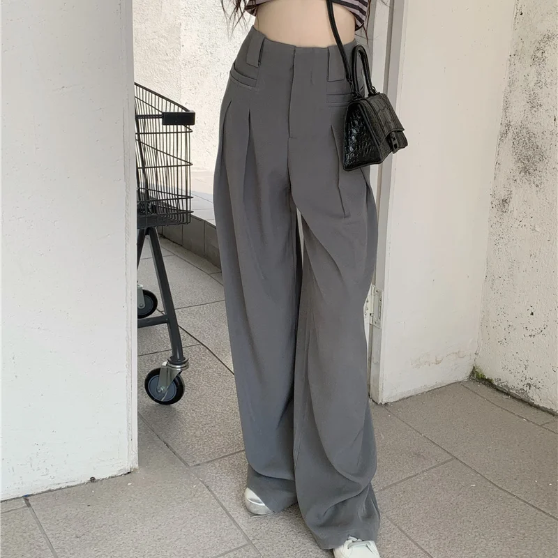 Korean Simplicity Women\'s Solid Color High Waist Trousers Summer All-match Folds Spliced Loose Wide Leg Pants Female Clothing