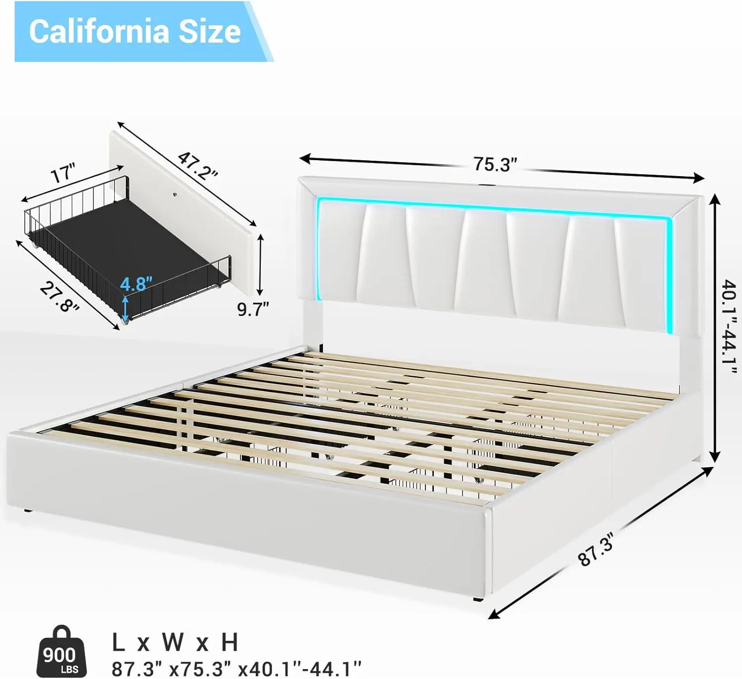 California King Bed Frame with 4 Storage Drawers & LED Lights Cal King LED Platform Storage Bed Frame with USB & Type-C Ports