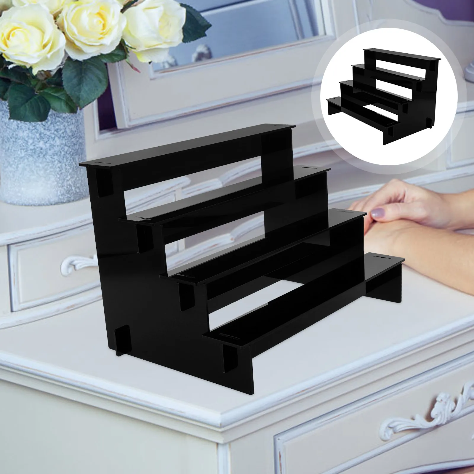 أسود 4 الطبقات الاكريليك العطور عرض المنظم الغرور كونترتوب ماكياج العناية بالبشرة غسول الحمام الجرف صينية عرض الناهض