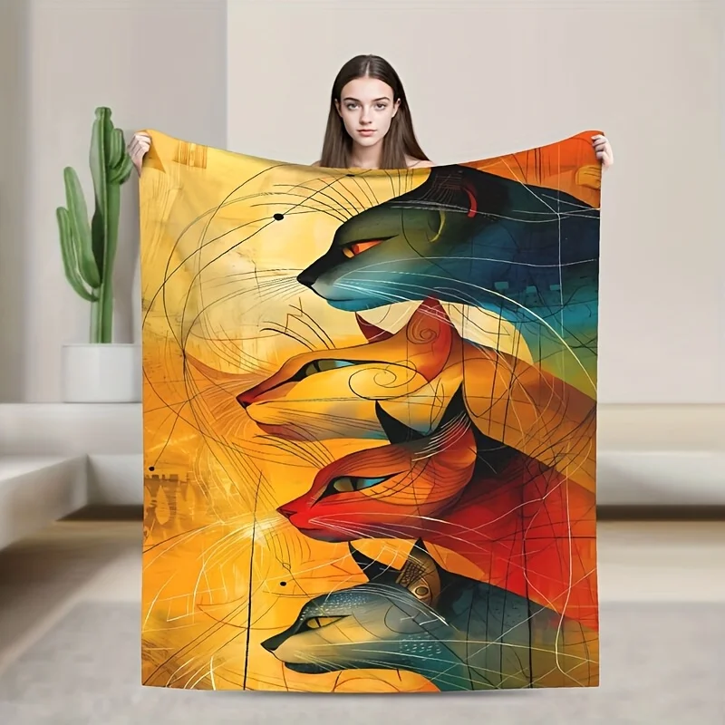 

Four Cats Pattern Printed Flannel Blanket, Shawl Blanket, Suitable for Bedroom, Dormitory, Car, Outdoor, Sofa,Travel,Office,Gift