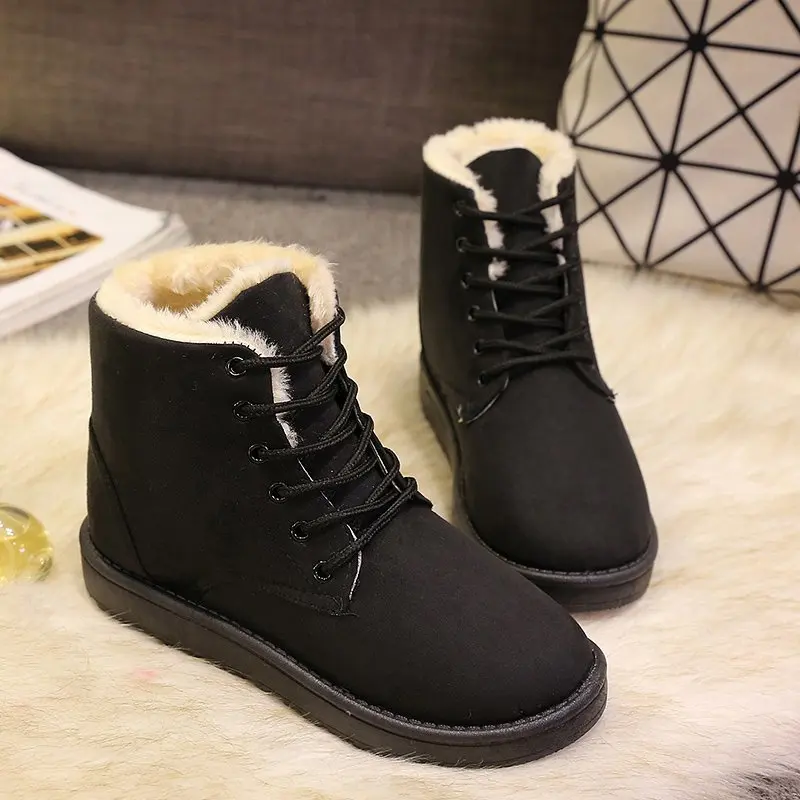 2024 Women Winter Snow Boots Warm Flat Plus Size Platform Lace Up Ladies Women\'s Shoes New Flock Fur Suede Ankle Boots 36-42