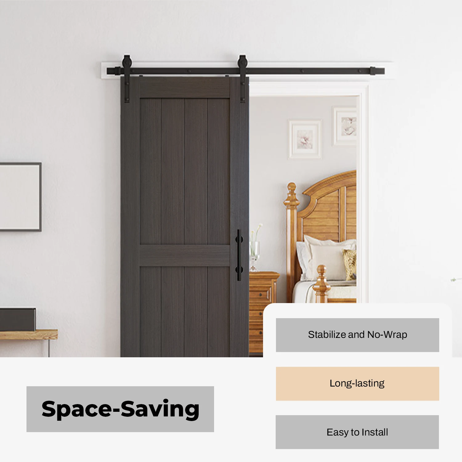 باب الحظيرة المنزلق 32 بوصة × 84 بوصة مع مجموعة أدوات 6 أقدام، باب منزلق باللون الرمادي الداكن، لوح باب من الخشب الصلب مع سطح PVC