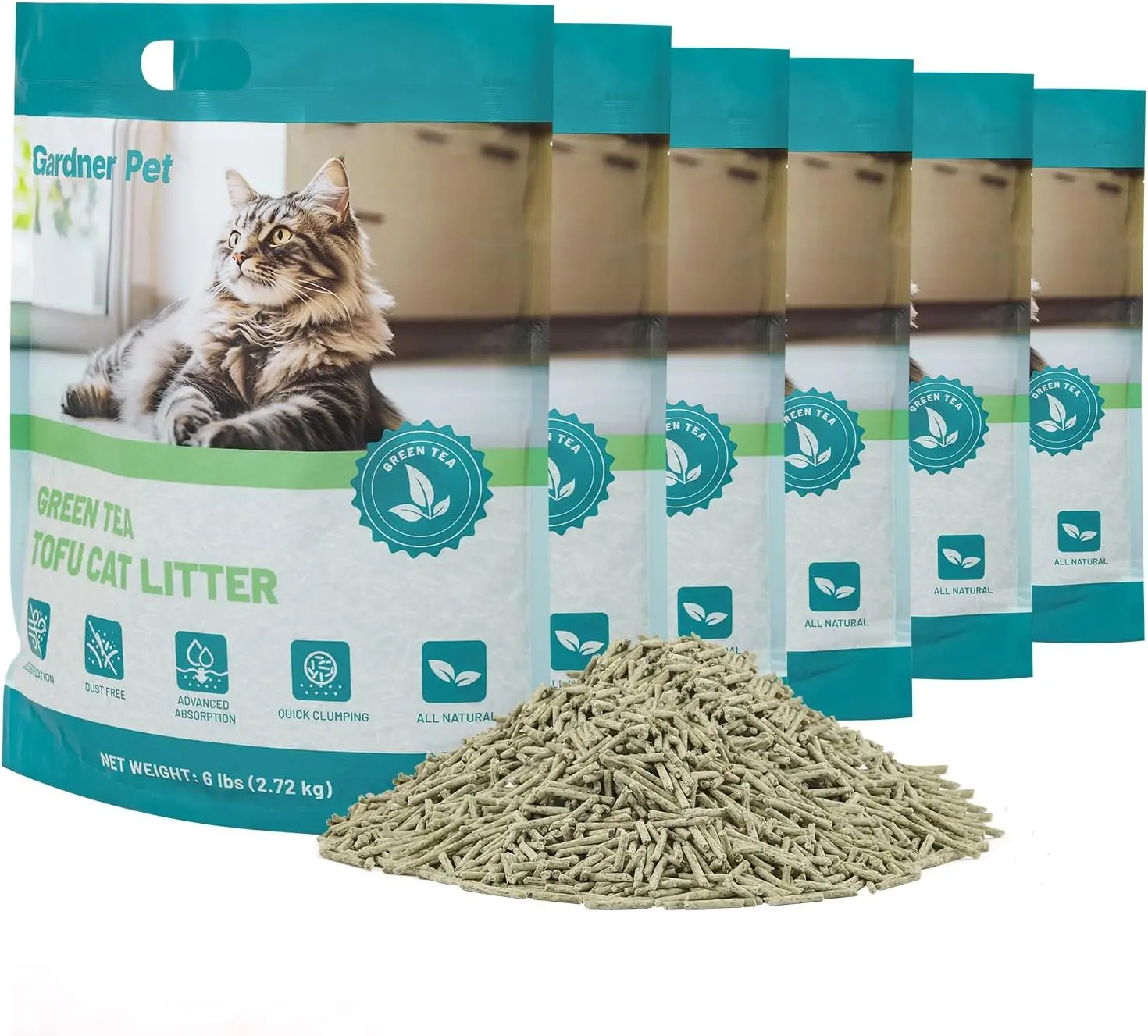 Arena para gatos de tofu natural con extracto de té verde: sin polvo, aglomerado rápido, desechable para hogares de varios gatos, paquete de 6 libras x 6