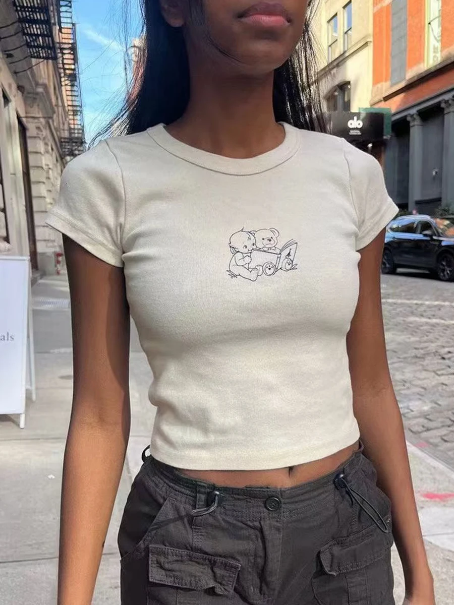 

Vintage Chic Solid Angel Print Crop Tops Women Summer Cotton Casual O-neck Streetwear Short Sleeve Tees Sweet Chic Cute T-shirts