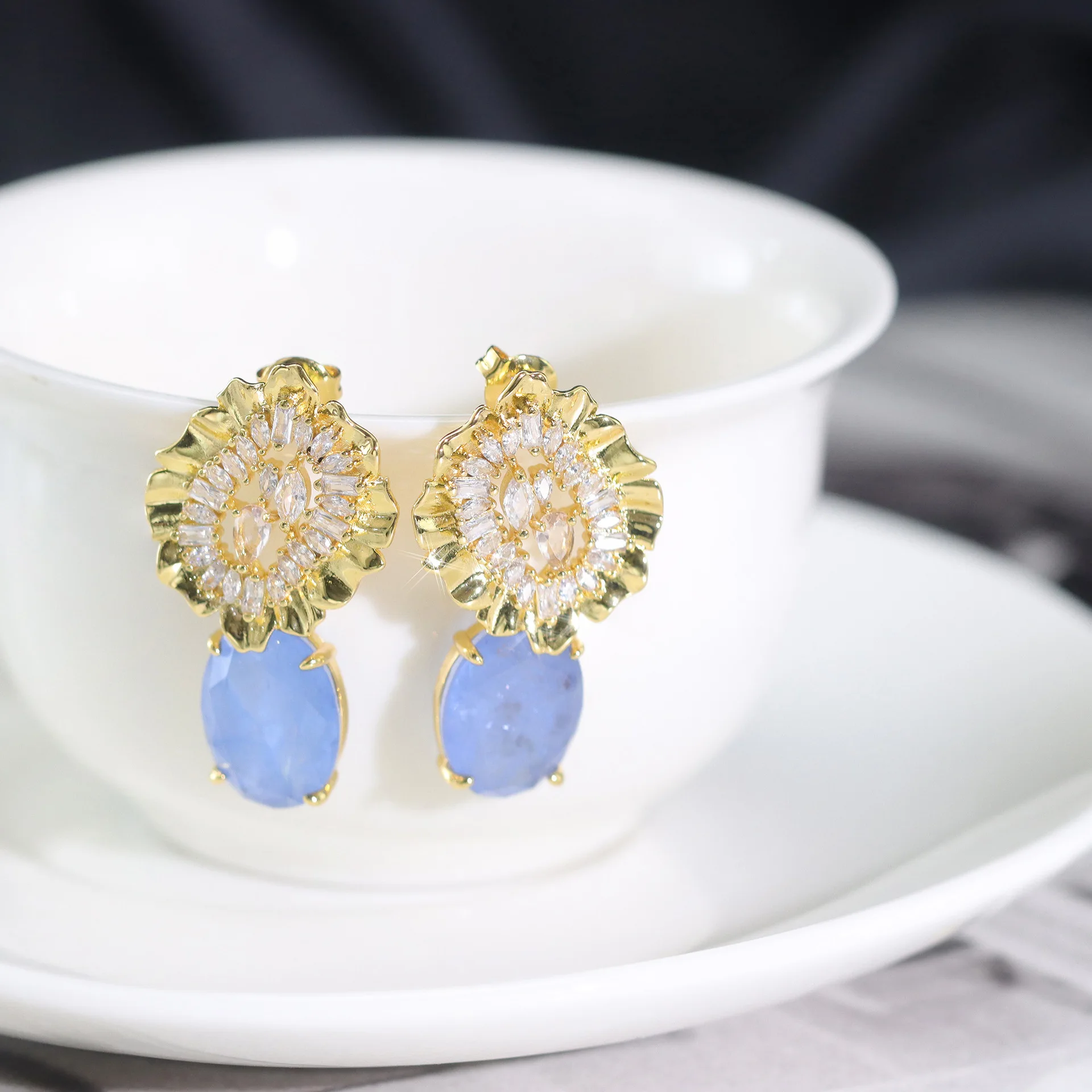 

Blue Petal Dangle Unique Flower Drop Earrings Copper Real Gold Plated | 5A Zircon Inlaid | High-End Designer Vintage Jewelry