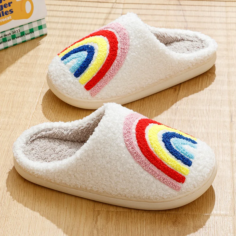 Rainbow Women Home Slippers Indoor Warm Anti Slip Soft Sole Comfortable Leisure Colorful Winter Sunshine Clouds Plush Shoes