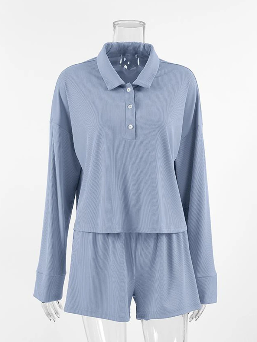 Marthaqiqi Casual Femme Nightie Suit Turn-Down Collar Pajama Long Sleeve Sleepwear Crop Top Nightgown Shorts Women Nightwear Set