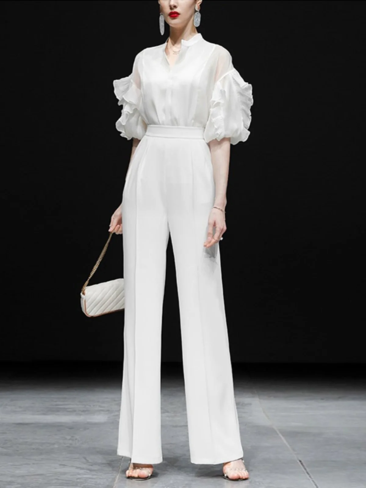 

Summer 2025 Faion White Loose High Waist iny Two-Piece Set Ele irt Versatile Wide Leg Pants Polyester Blend