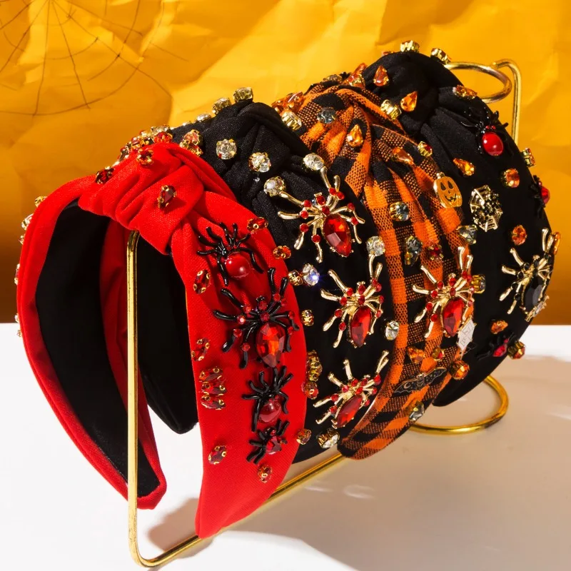 

1PCS/ Halloween Knotted Headband for Women Spider Bat Pumpkin Jeweled Rhinestone Tartan Plaid Costume Comfy Top Knot Fall