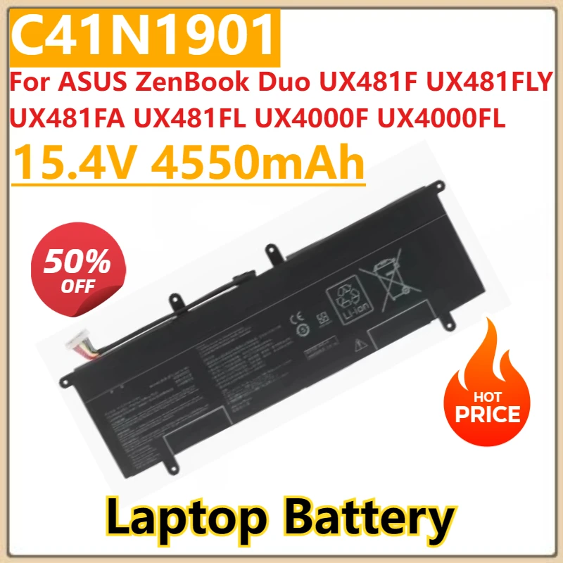 

New C41N1901 Laptop Battery 15.4V 4550mAh For ASUS ZenBook Duo UX481F UX481FLY UX481FA UX481FL UX4000F UX4000FL 0B200-03520000