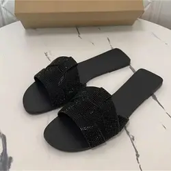 TRAF Black Shiny Flat Slippers For Woman Fashion Cross Strap Flat Sandals Slippers 2024 Summer Female Flat Sandals Casual Beach