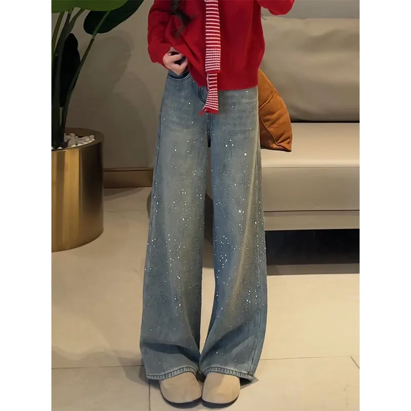 

American High Street Glitter Rhinestone Wide Leg Jeans Women's Loose Fce Lined Floor Length Straight Cut Trousers