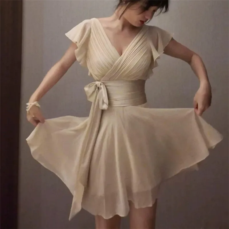 French Style Butterfly Sleeve Ribbow Bow Slim Waist Mini Dress Summer Stunning Women V Neck Pleated Chiffon A Line Party Dress