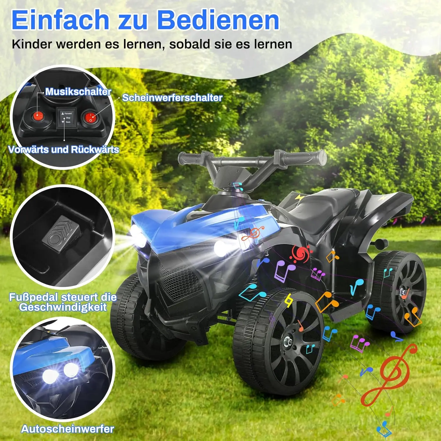 Kids Ride On ATV Electric Off-Road Quad Car 6V Battery Powered W/Music, Light,Blue