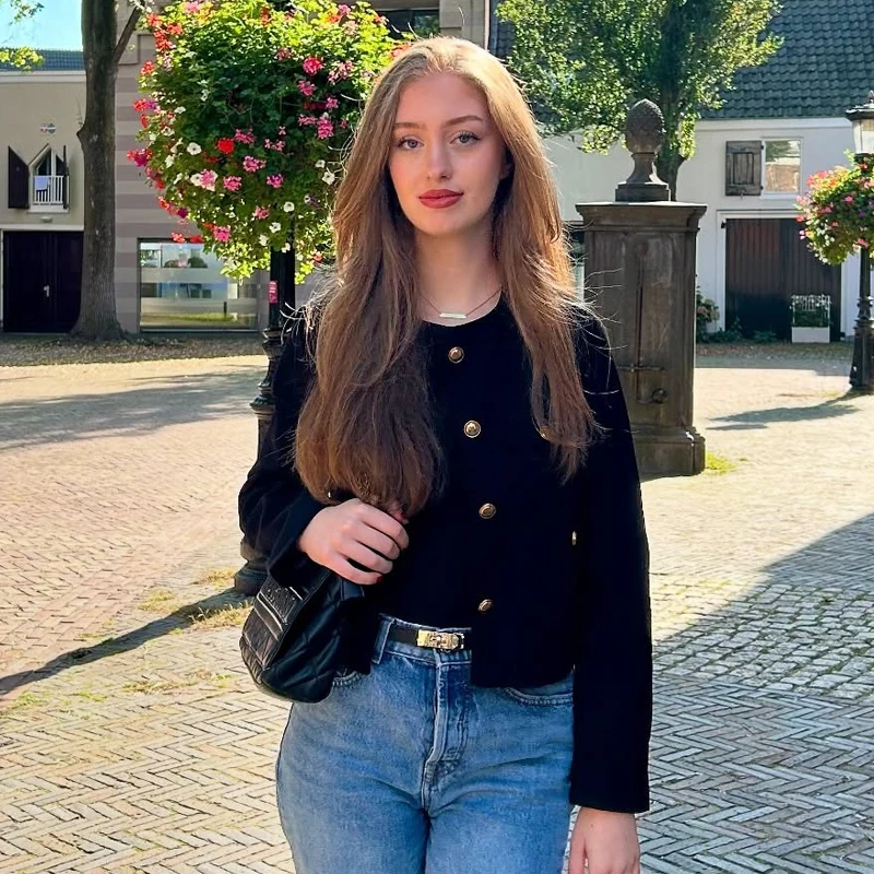 سترة نسائية لخريف 2025 سوداء مقصوصة بأكمام طويلة سترة قصيرة أنيقة للمكتب للسيدات ملابس خارجية غير رسمية بأزرار سترة علوية #2