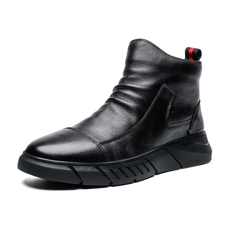 2023 Autumn/Winter New High Top Motorcycle Leather Boots British Style Black Short Boots Trendy Cotton Chelsea Men\'s Shoes