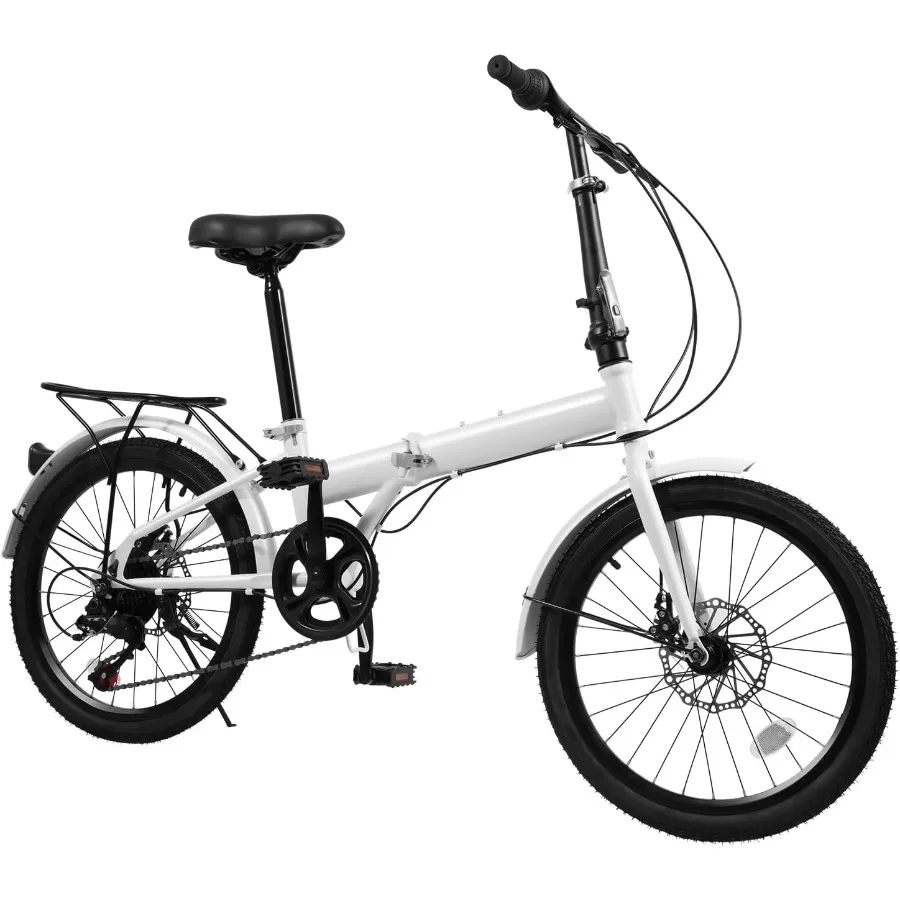 

7 Speed Folding Bike with 20-Inch Wheels Featuring Height Adjustable Design High Carbon Steel Frame Dual Disc Brakes Compact Fo