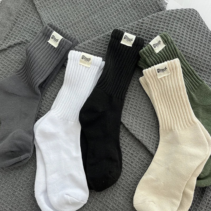 Men Autumn Winter Warm Sports Mid-tube 73g Thick Solid Color Black White Green Socks Men's Cotton Sock Cloth Label INS Stockings